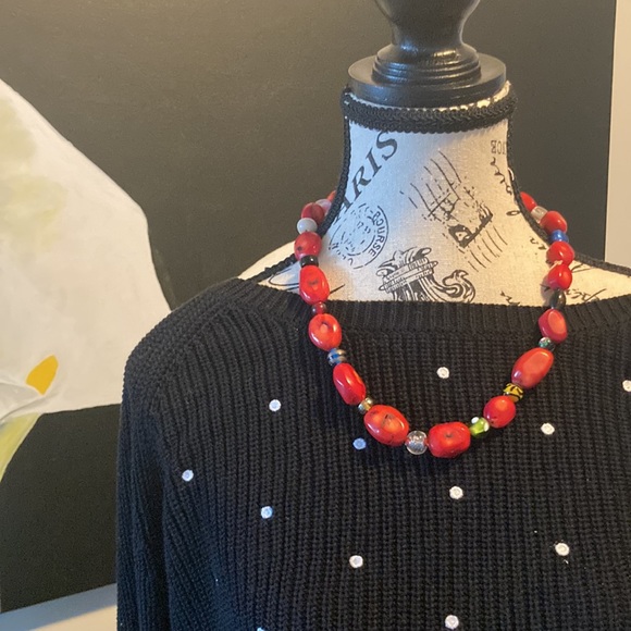 Red & Multi Color Beads Statement Necklace - Picture 3 of 7